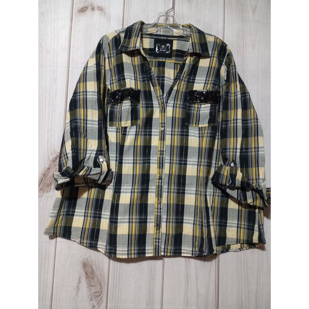 Cato Shirt Ladies 26 Black Yellow Button Front Adjustable‎ Sleeve